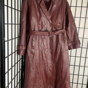 EUC Phase Two Women's Maroon Burgundy Leather Belted Trench Coat Size Medium